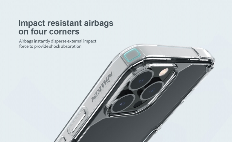 Ốp Lưng iPhone 13 Pro Max Trong Suốt Hiệu Nillkin Nature TPU Pro dạng chống sốc, 4 phần của góc ốp dầy nhô cao khả năng bảo vệ máy cực kỳ hiệu quả